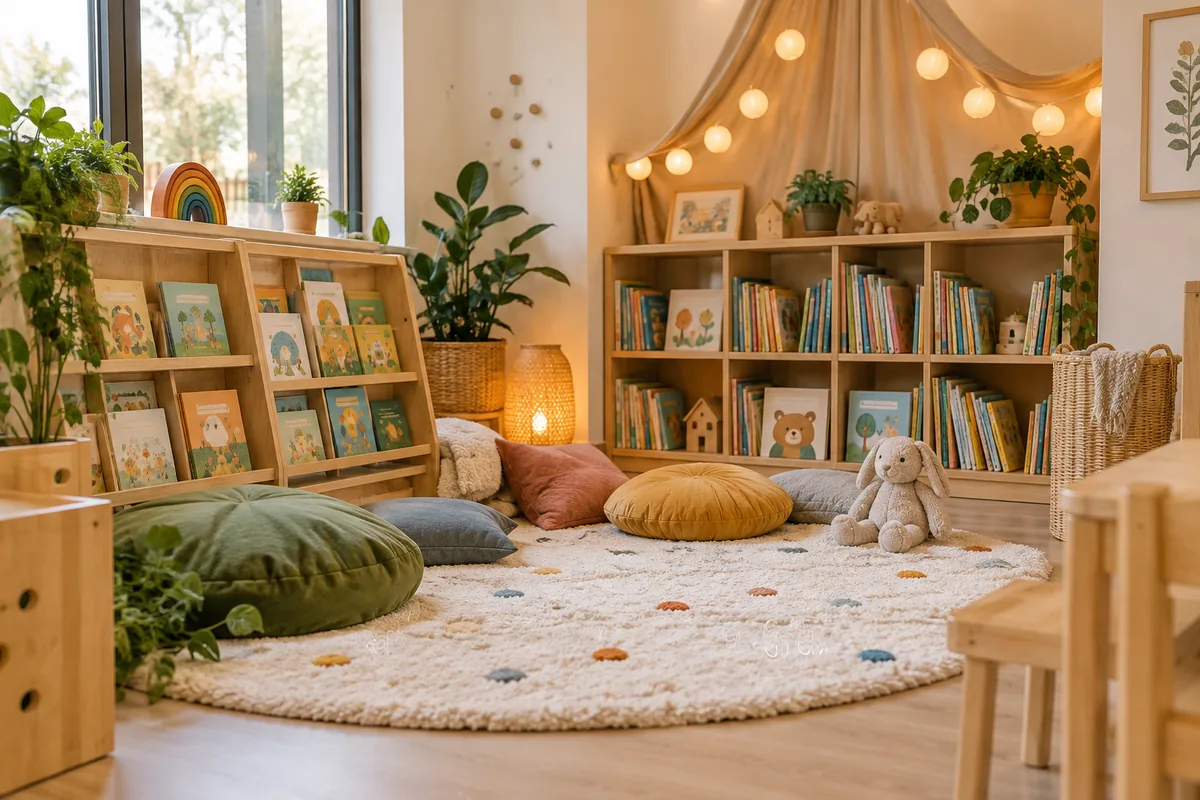 Gemütliche Bücherecke mit Kinderbüchern und Sitzkissen