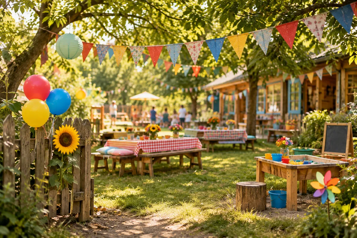 Bunt geschmücktes Sommerfest im Garten einer Kita
